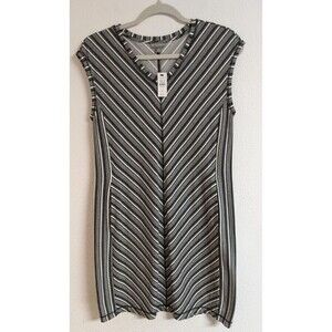 NWT~ T by Talbots Black White Striped Knit V Neck Dress Size Petite Small